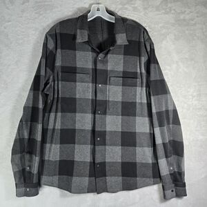 Lululemon Soft Knit Overshirt Mens Large L Black Gray Plaid Flannel Button Up